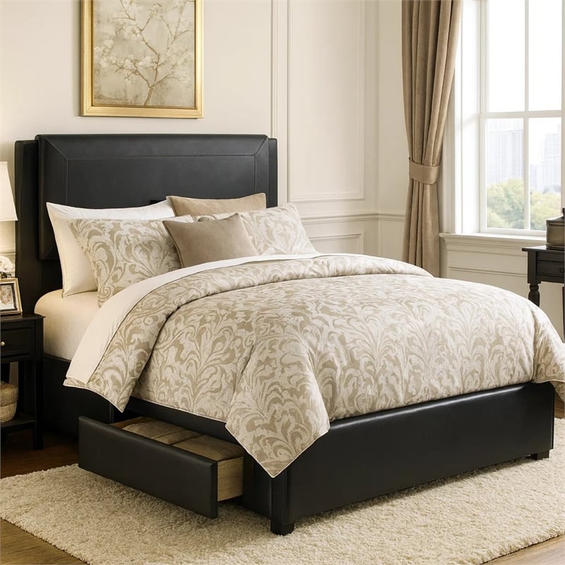 Pemberly Row Queen Bed with Faux Leather Headboard & 2 Storage Drawers in Black