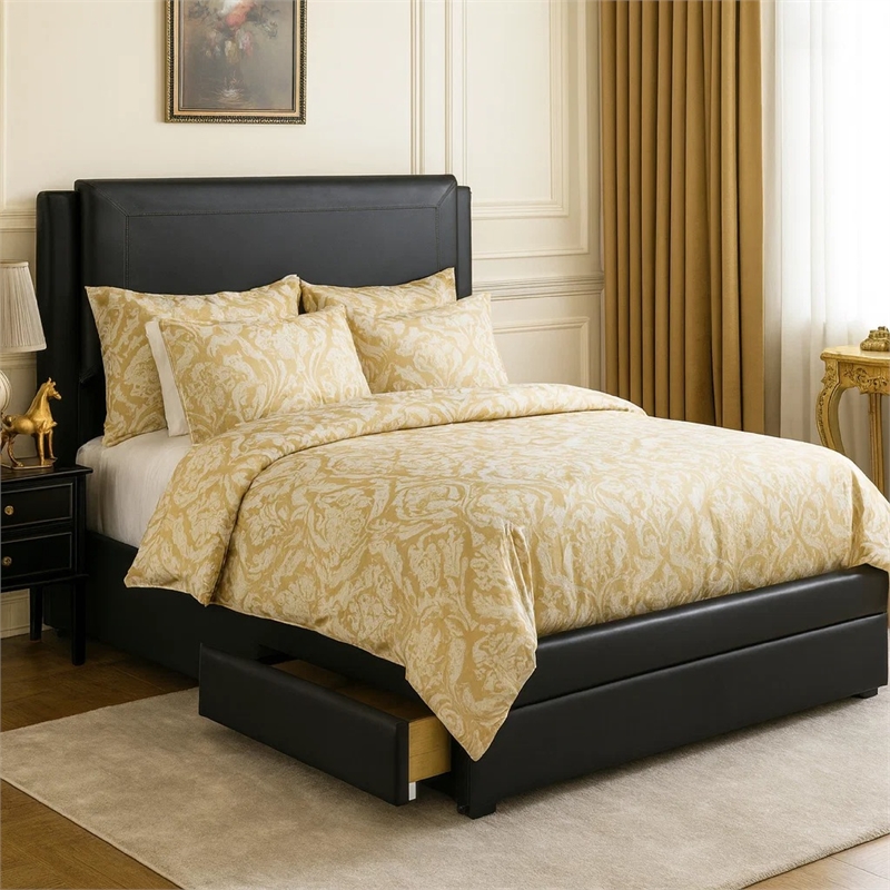 Pemberly Row Queen Bed with Faux Leather Headboard & 2 Storage Drawers in Black