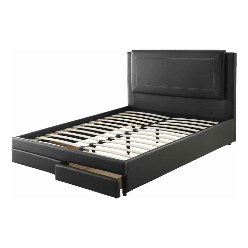 Pemberly Row Queen Bed with Faux Leather Headboard & 2 Storage Drawers in Black