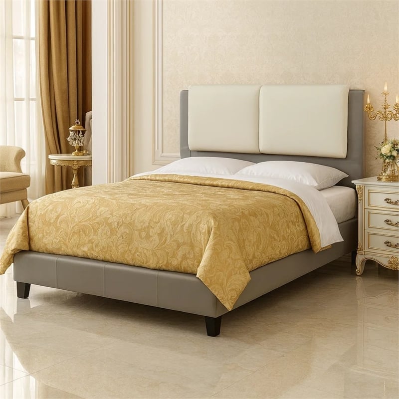 Pemberly Row Eastern King Bed with Faux Leather Pillow Panel Headboard in Gray