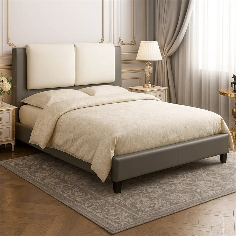 Pemberly Row Eastern King Bed with Faux Leather Pillow Panel Headboard in Gray