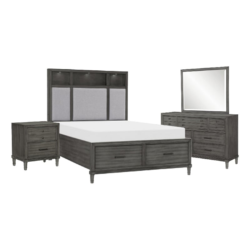 Pemberly Row 4Pc Queen Storage Bedroom Set with LED Lighting & USB Ports in Gray