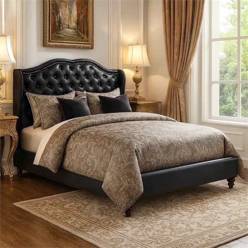 Pemberly Row Faux Leather Eastern King Bed with Tufted Headboard in Black