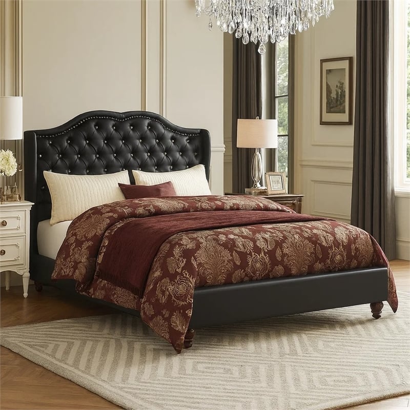 Pemberly Row Faux Leather Eastern King Bed with Tufted Headboard in Black