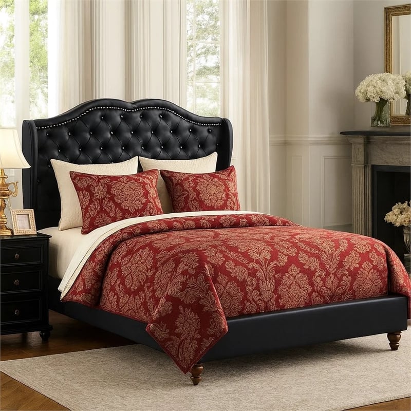 Pemberly Row Faux Leather Upholstered Queen Bed with Tufted Headboard in Black