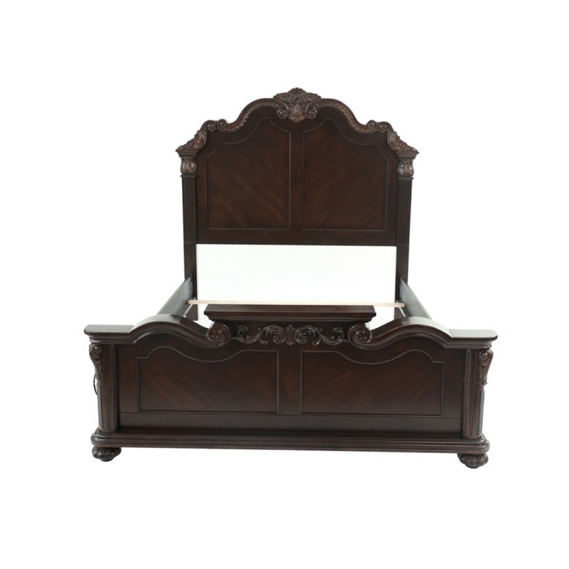 Pemberly Row Carved Queen Wooden Bed with Camelback Headboard in Dark Walnut