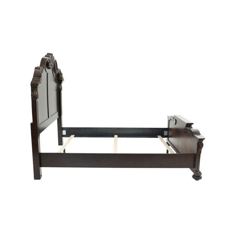 Pemberly Row Carved Queen Wooden Bed with Camelback Headboard in Dark Walnut