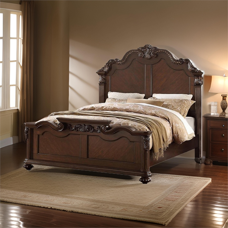 Pemberly Row Carved Queen Wooden Bed with Camelback Headboard in Dark Walnut