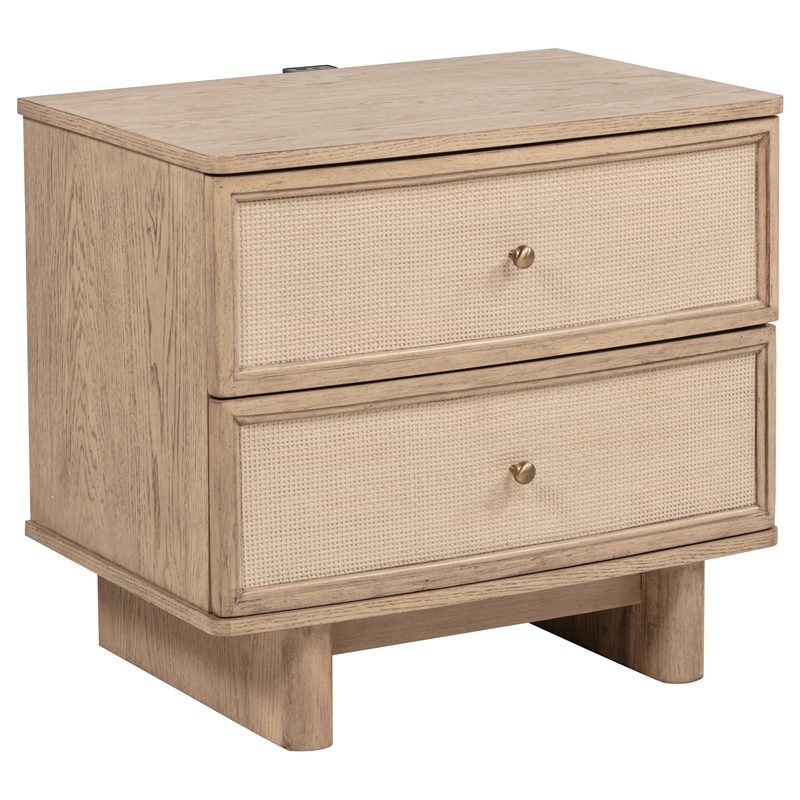 Pemberly Row 5 Pc Queen Bedroom Set with Resin Cane & USB Charging in Beige Oak