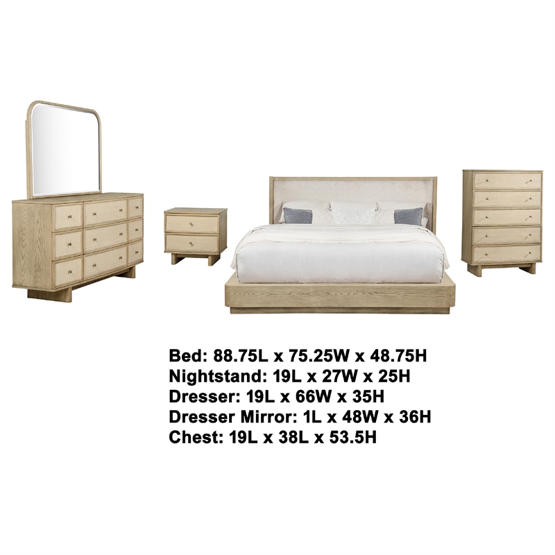 Pemberly Row 5 Pc Queen Bedroom Set with Resin Cane & USB Charging in Beige Oak
