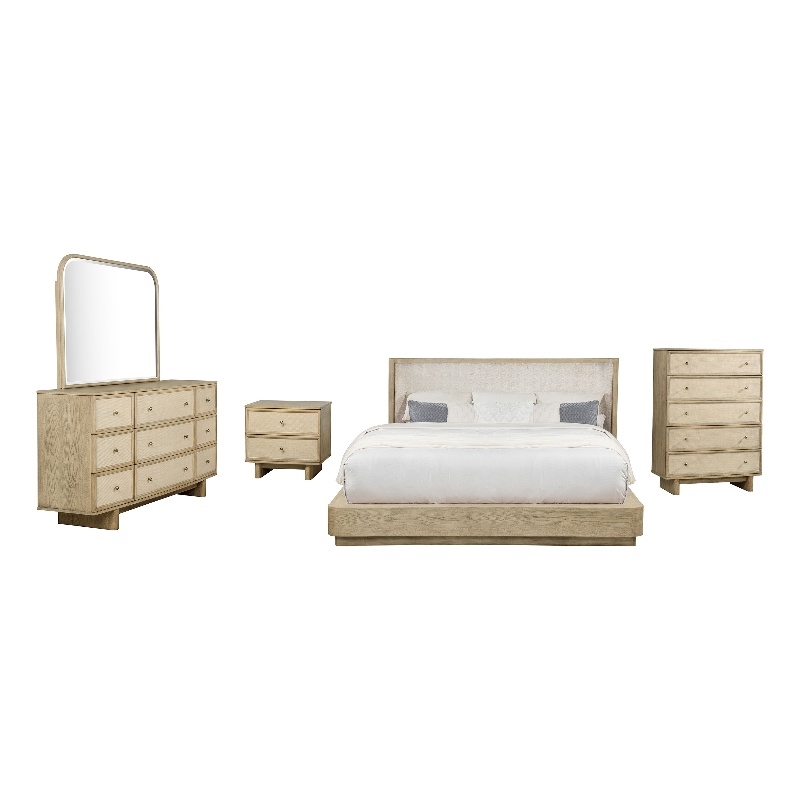 Pemberly Row 5 Pc Queen Bedroom Set with Resin Cane & USB Charging in Beige Oak