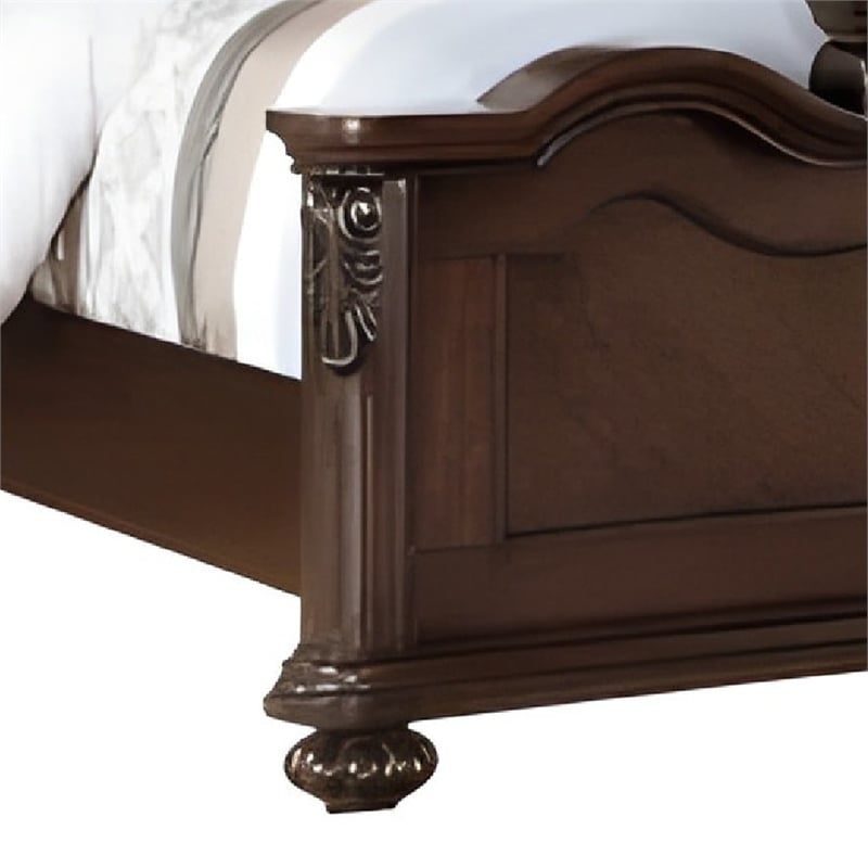 Pemberly Row King Bed with Camelback Tufted Headboard & Floral Carvings in Brown