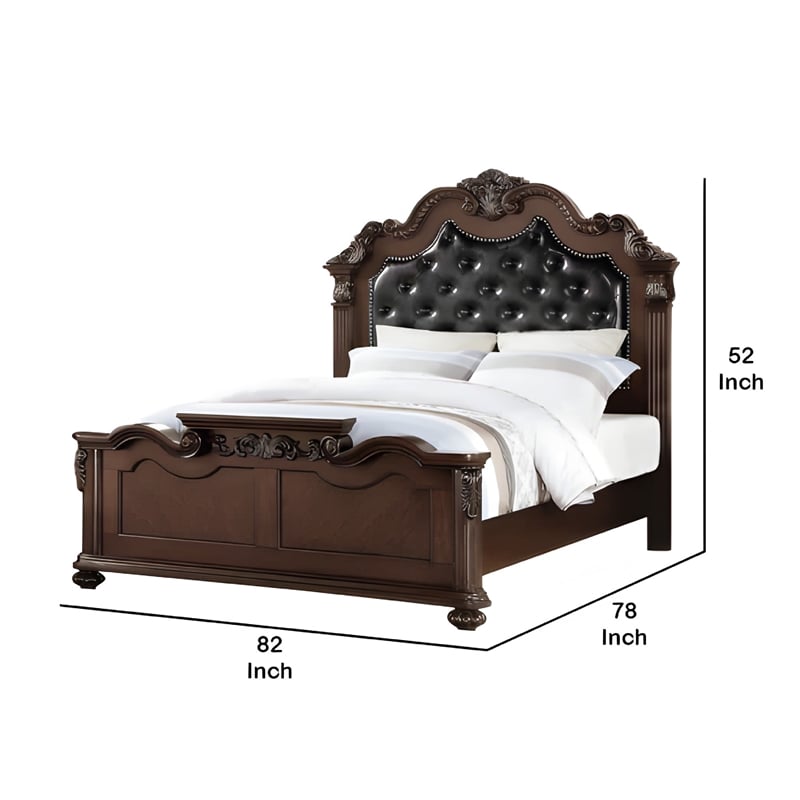 Pemberly Row King Bed with Camelback Tufted Headboard & Floral Carvings in Brown