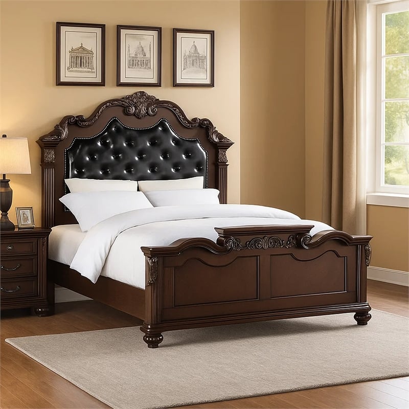 Pemberly Row King Bed with Camelback Tufted Headboard & Floral Carvings in Brown