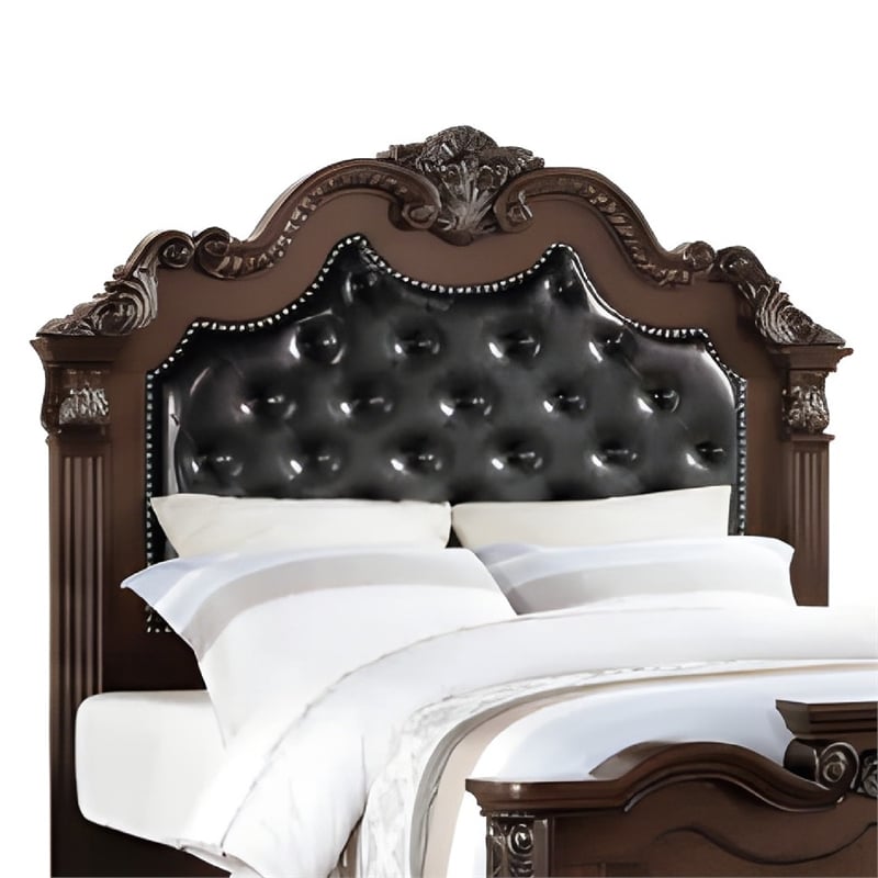 Pemberly Row King Bed with Camelback Tufted Headboard & Floral Carvings in Brown