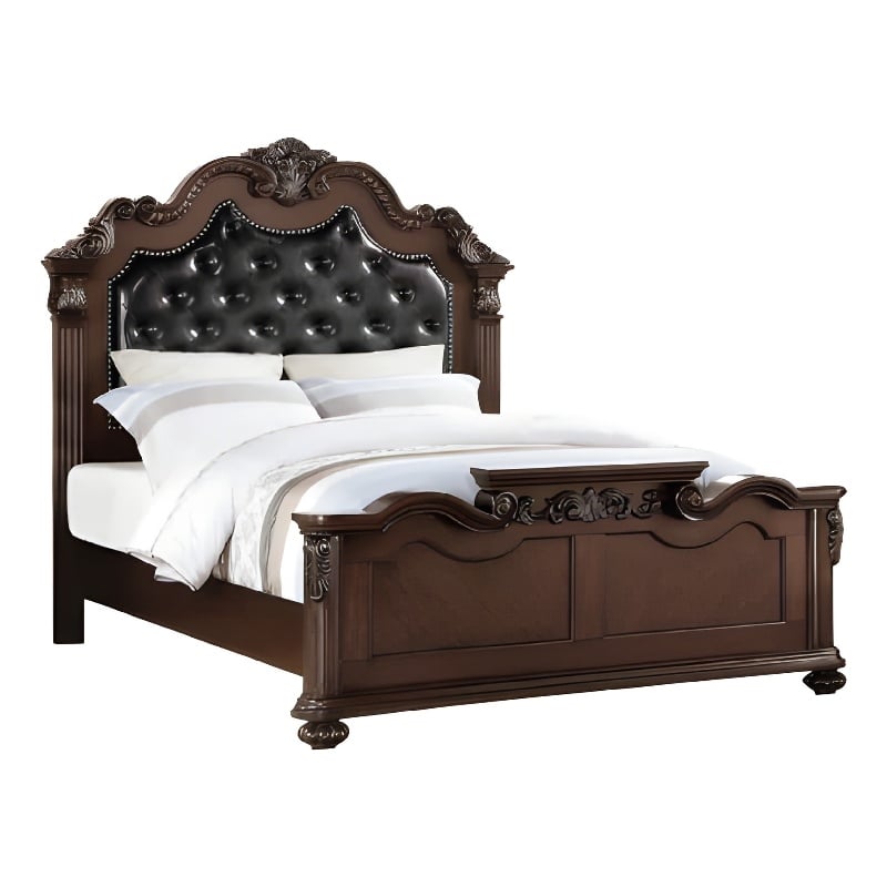 Pemberly Row King Bed with Camelback Tufted Headboard & Floral Carvings in Brown
