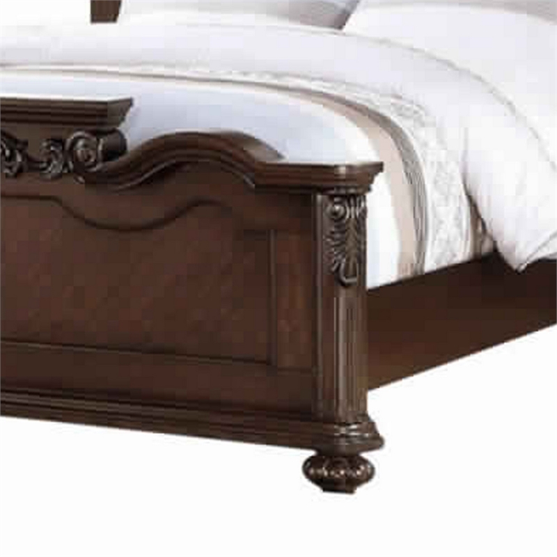 Pemberly Row Queen Bed w/ Camelback Tufted Headboard & Floral Carvings in Walnut