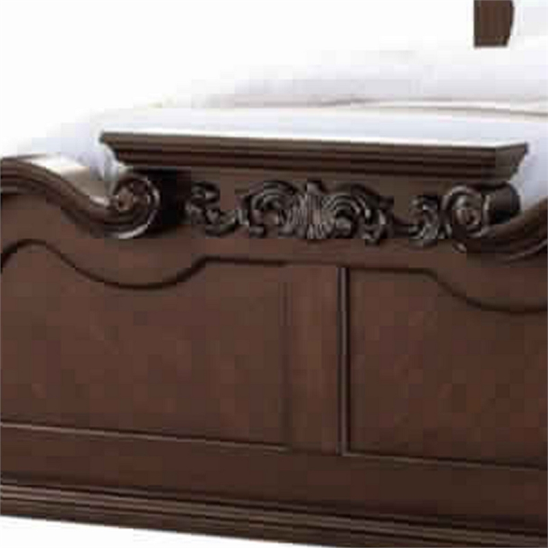 Pemberly Row Queen Bed w/ Camelback Tufted Headboard & Floral Carvings in Walnut
