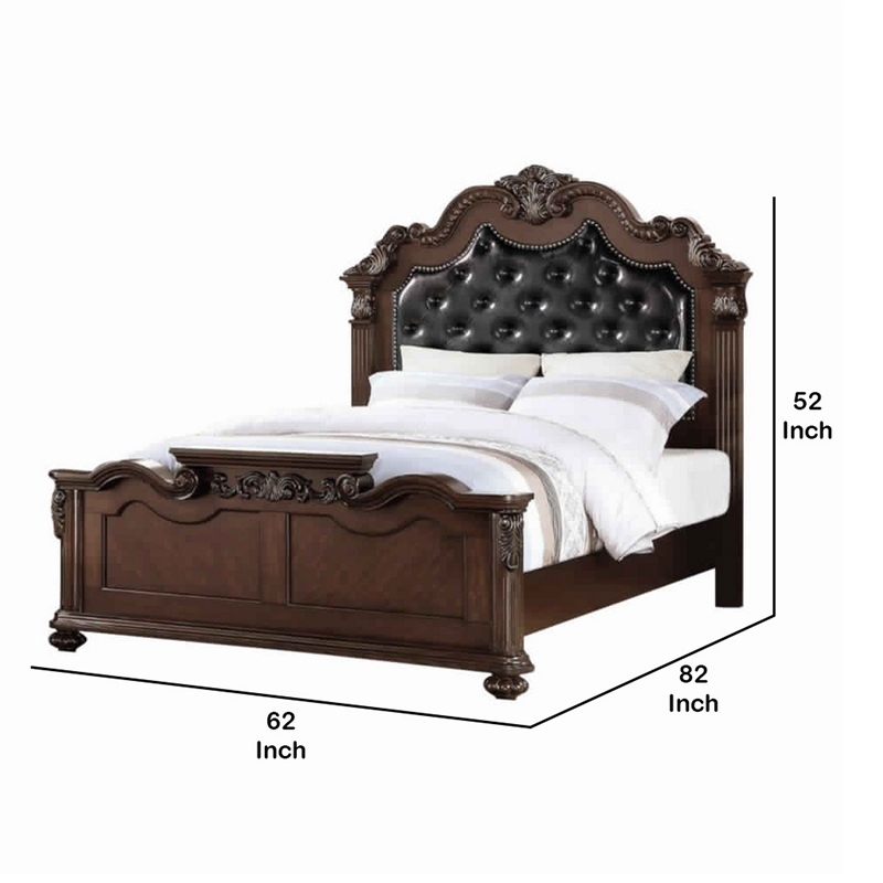 Pemberly Row Queen Bed w/ Camelback Tufted Headboard & Floral Carvings in Walnut
