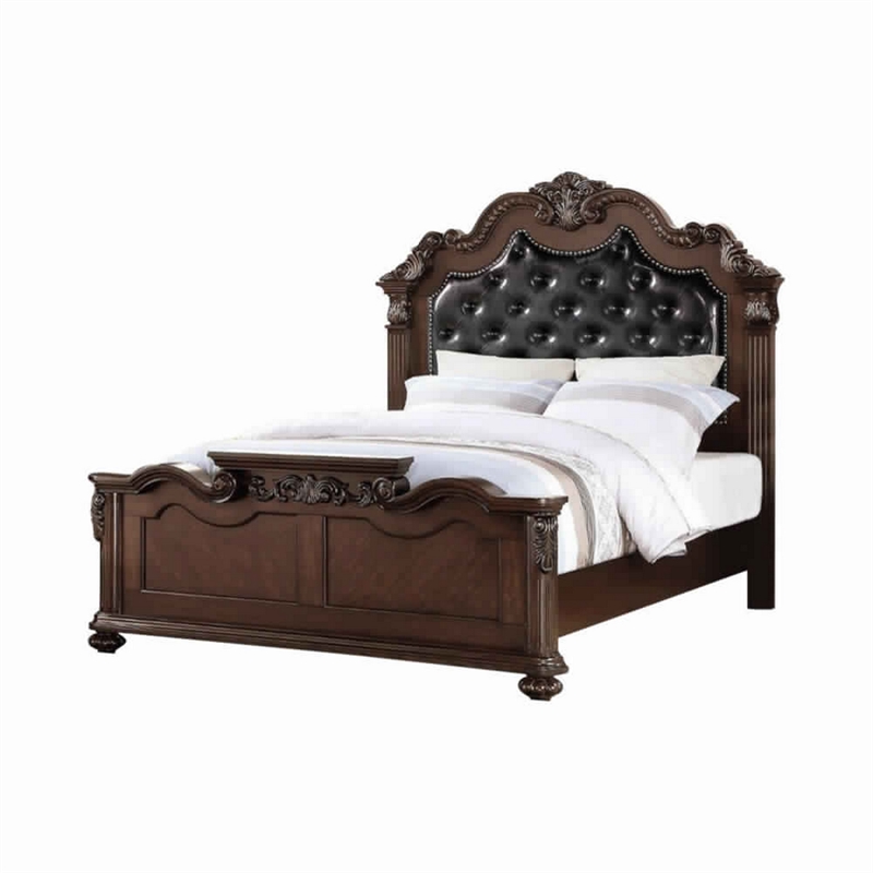 Pemberly Row Queen Bed w/ Camelback Tufted Headboard & Floral Carvings in Walnut