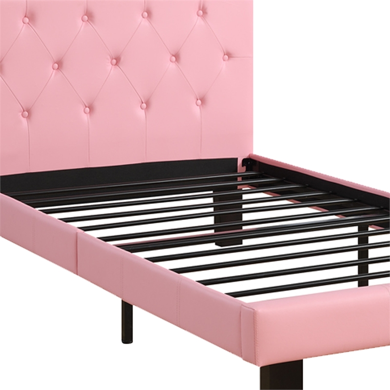 Pemberly Row Twin Bed with Faux Leather Tufted Headboard in Pink