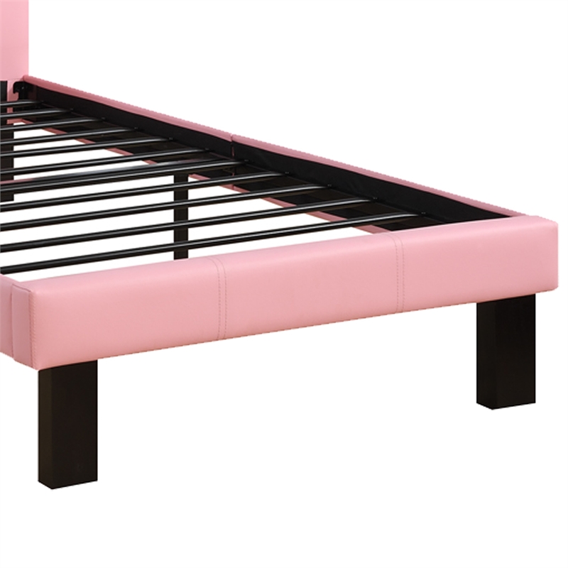Pemberly Row Twin Bed with Faux Leather Tufted Headboard in Pink