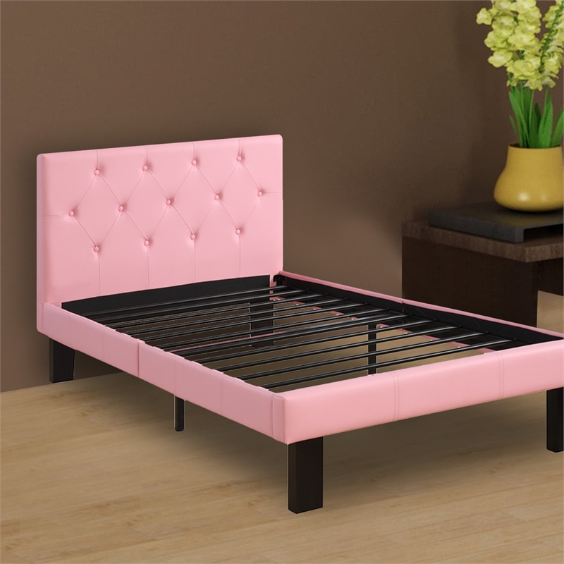 Pemberly Row Twin Bed with Faux Leather Tufted Headboard in Pink