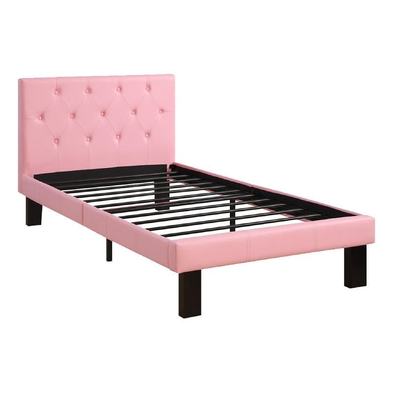 Pemberly Row Twin Bed with Faux Leather Tufted Headboard in Pink