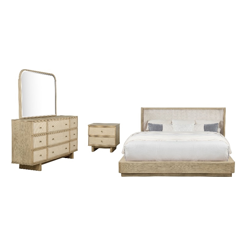 Pemberly Row 4 Pc Queen Bedroom Set with Resin Cane & USB Charging in Beige Oak