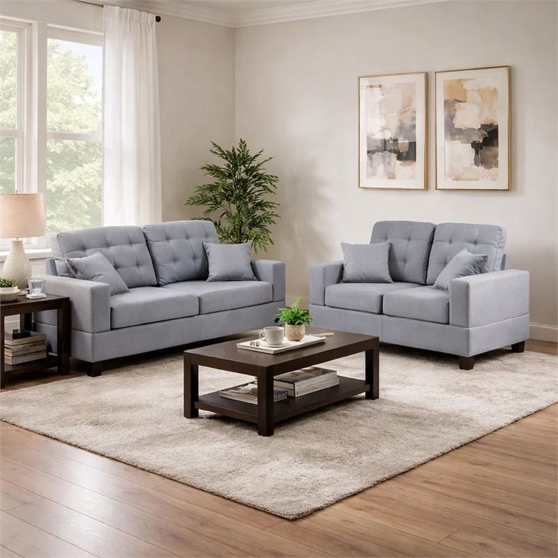 Pemberly Row 2 Pc Sofa and Loveseat Set with Accent Tufting and Pillows in Gray