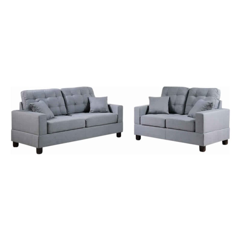 Pemberly Row 2 Pc Sofa and Loveseat Set with Accent Tufting and Pillows in Gray