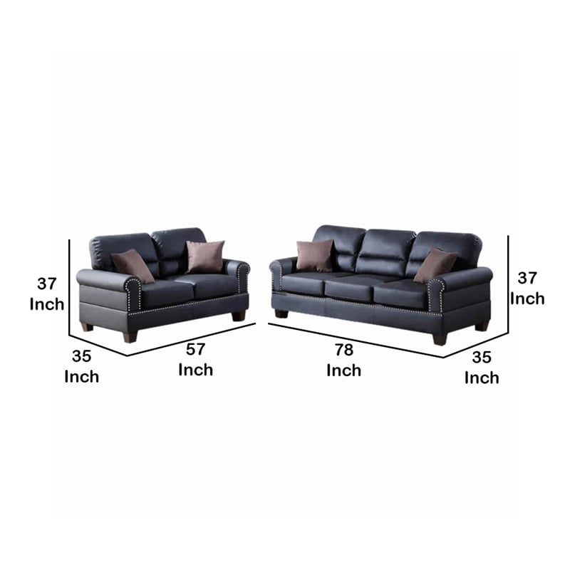 Pemberly Row 2 Piece Bonded Leather Sofa and Loveseat Set with Pillows in Black