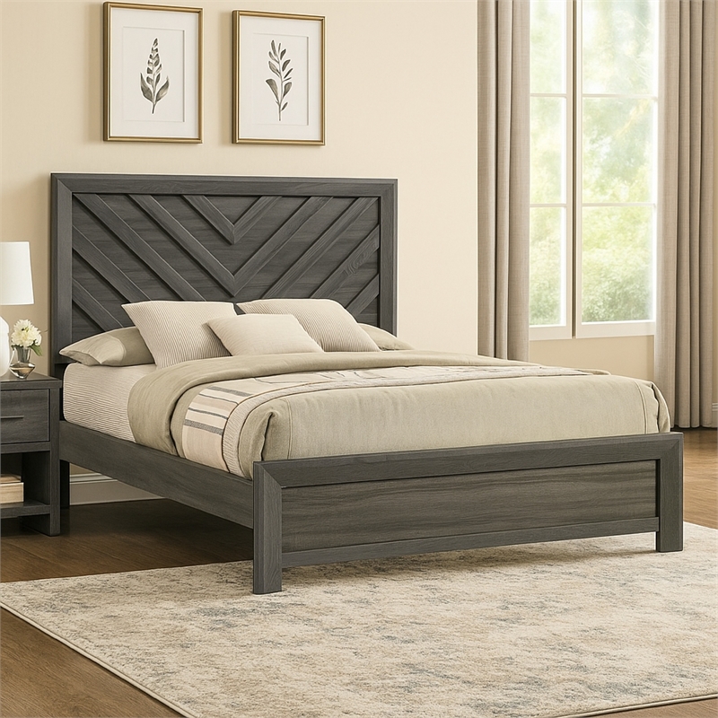Pemberly Row Twin Bed with Chevron Patterned Headboard in Dark Gray Wood