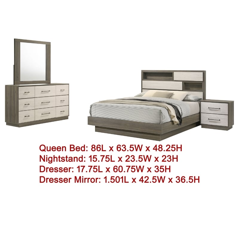 Pemberly Row 4 Pc Queen Bedroom Set with Bookcase Headboard in Oak Gray & Brown