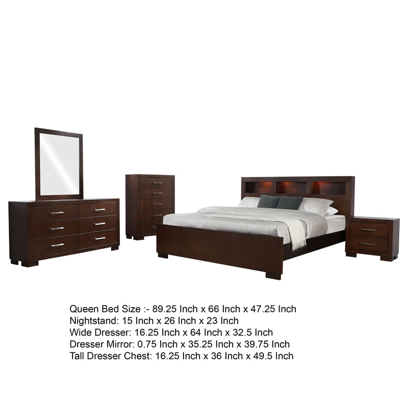 Pemberly Row 5 Piece Queen Bedroom Set with LED Bookcase Headboard in Dark Brown