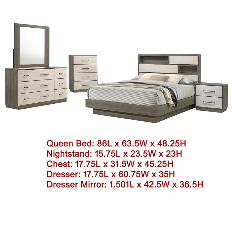 Pemberly Row 5 Pc Queen Bedroom Set with Bookcase Headboard & Chest in Oak Gray