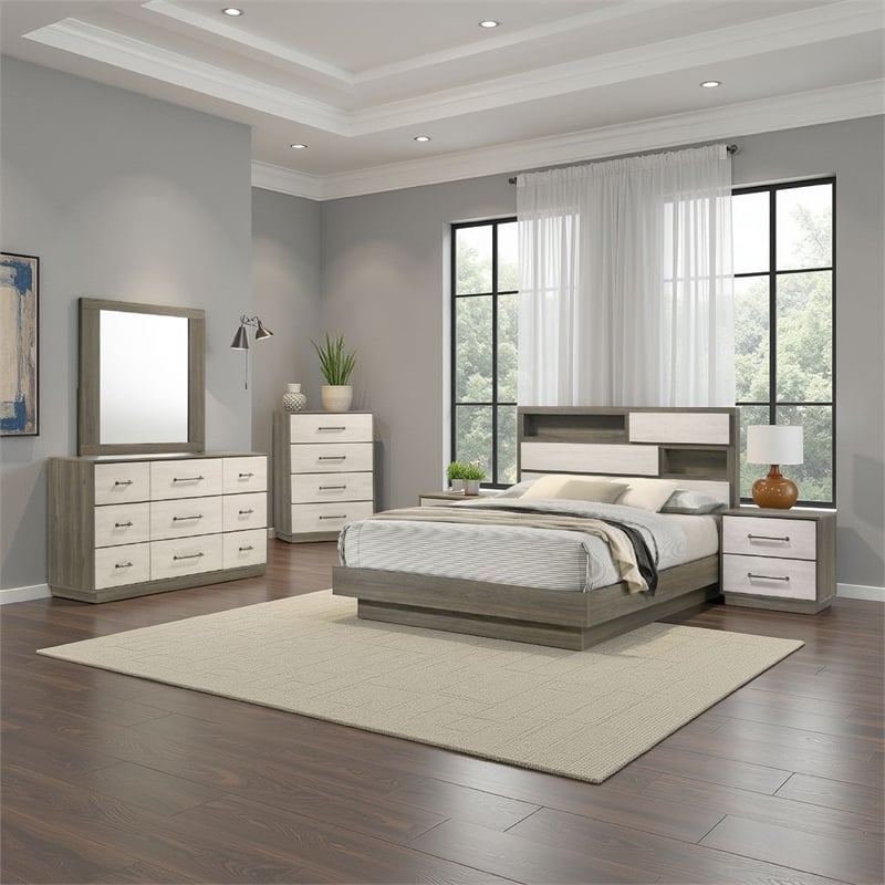 Pemberly Row 5 Pc Queen Bedroom Set with Bookcase Headboard & Chest in Oak Gray
