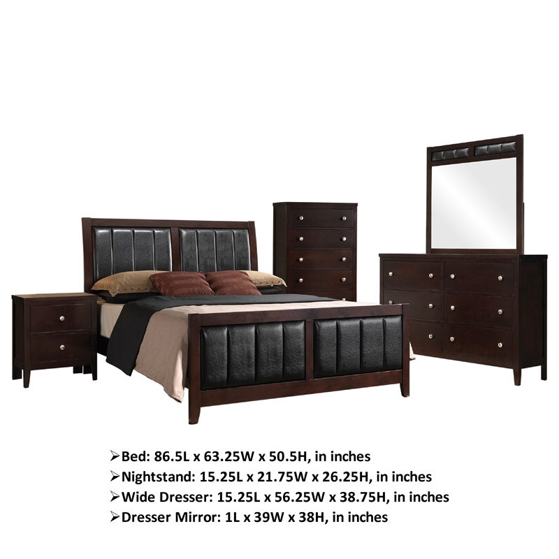 Pemberly Row 5 Pc Queen Bedroom Set with Padded Leather Panels & Chest in Brown