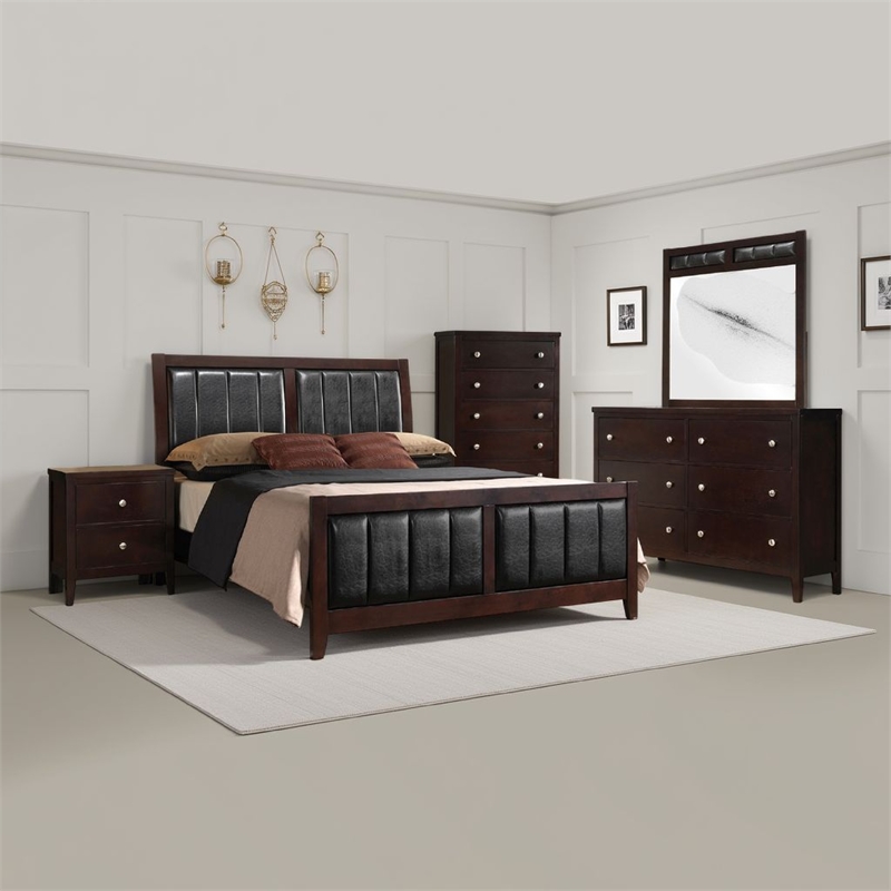 Pemberly Row 5 Pc Queen Bedroom Set with Padded Leather Panels & Chest in Brown