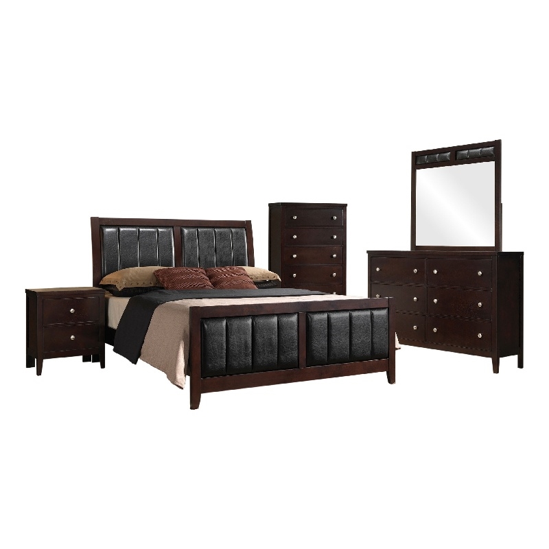 Pemberly Row 5 Pc Queen Bedroom Set with Padded Leather Panels & Chest in Brown