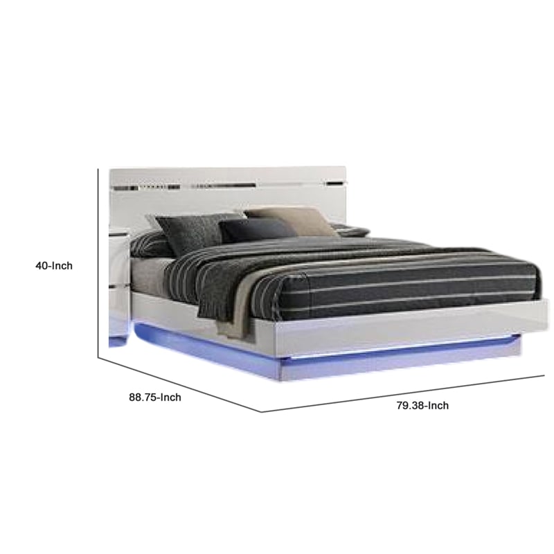 Pemberly Row King Platform Bed w/ LED Footboard & Chrome Headboard Trim in White