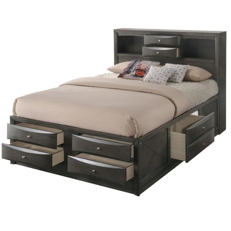 Pemberly Row Queen Storage Bed w/ 8 Drawers & Bookcase Headboard - Grayish Brown