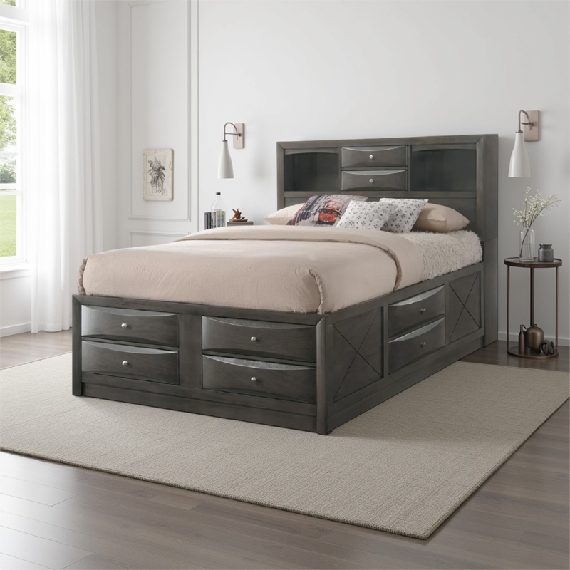 Pemberly Row Queen Storage Bed w/ 8 Drawers & Bookcase Headboard - Grayish Brown