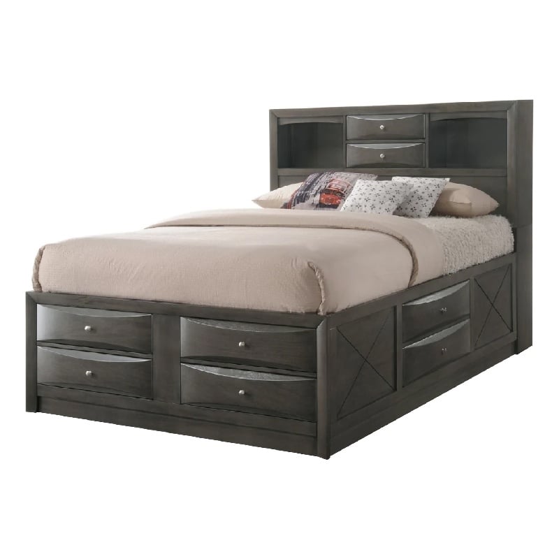 Pemberly Row Queen Storage Bed w/ 8 Drawers & Bookcase Headboard - Grayish Brown
