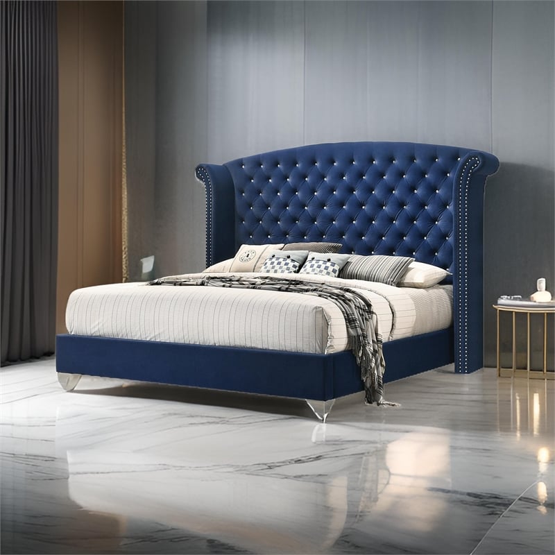 Pemberly Row King Wingback Bed with Bling Button Tufting & Nailhead Trim in Blue