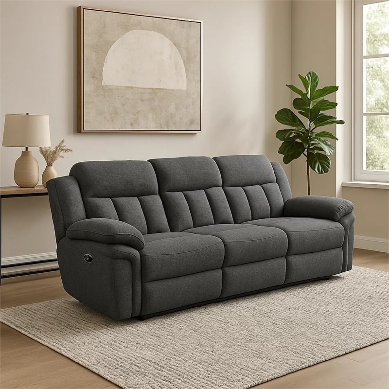 Pemberly Row 99 Inch Dual Power Recliner Sofa with Channel Tufted Back in Gray