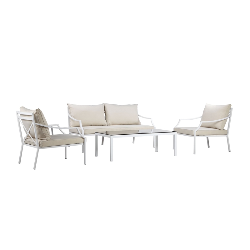 Pemberly Row 3 Piece Outdoor Sofa Set with Glass Top Table in Beige and White