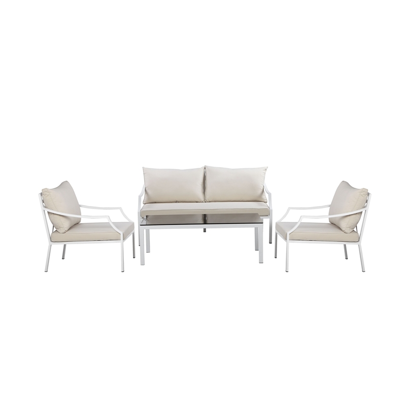 Pemberly Row 3 Piece Outdoor Sofa Set with Glass Top Table in Beige and White