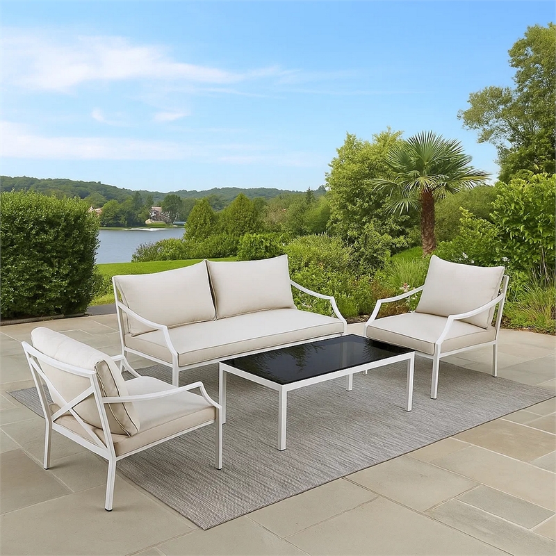 Pemberly Row 3 Piece Outdoor Sofa Set with Glass Top Table in Beige and White