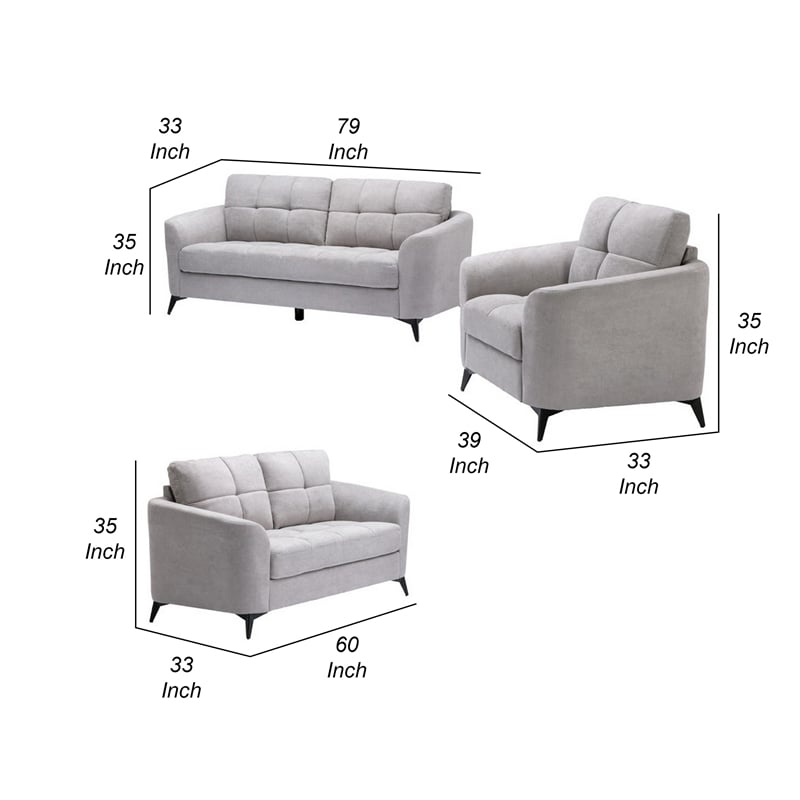 Pemberly Row 3Pc Sofa Loveseat & Chair Set with Tufted Cushions in Gray Velvet